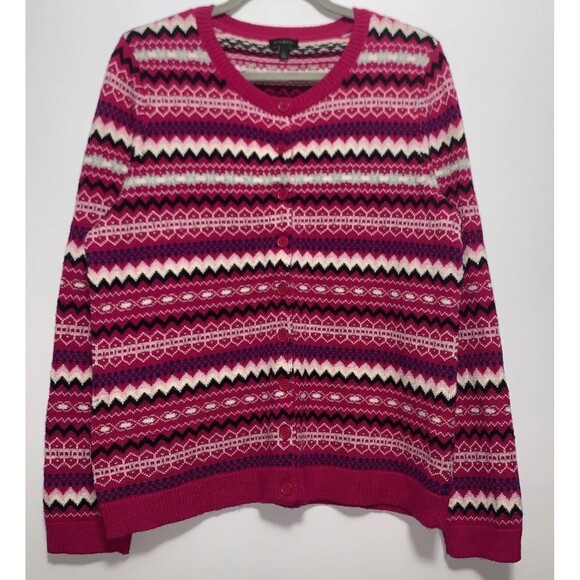Talbots Fair Isle Lambswool Blend Cardigan Sweater Womens L Pink Wht Blk Button - Picture 1 of 7